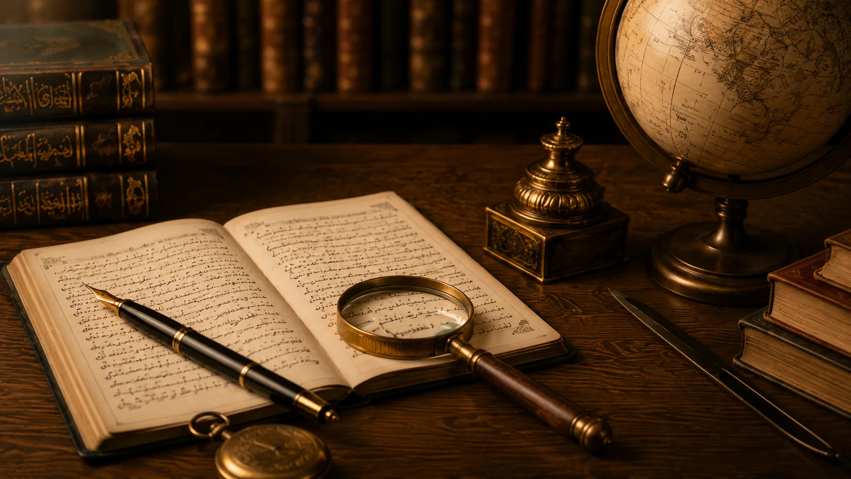 Archival research desk with historical manuscript, books, globe and magnifying glass