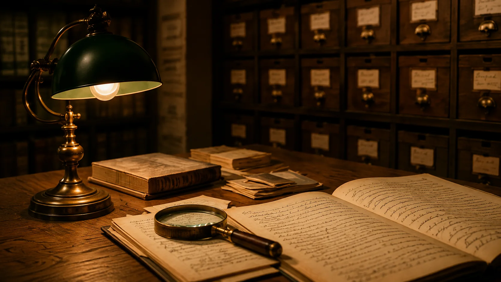 Archive research workspace with reading lamp, historical registers and magnifying glass