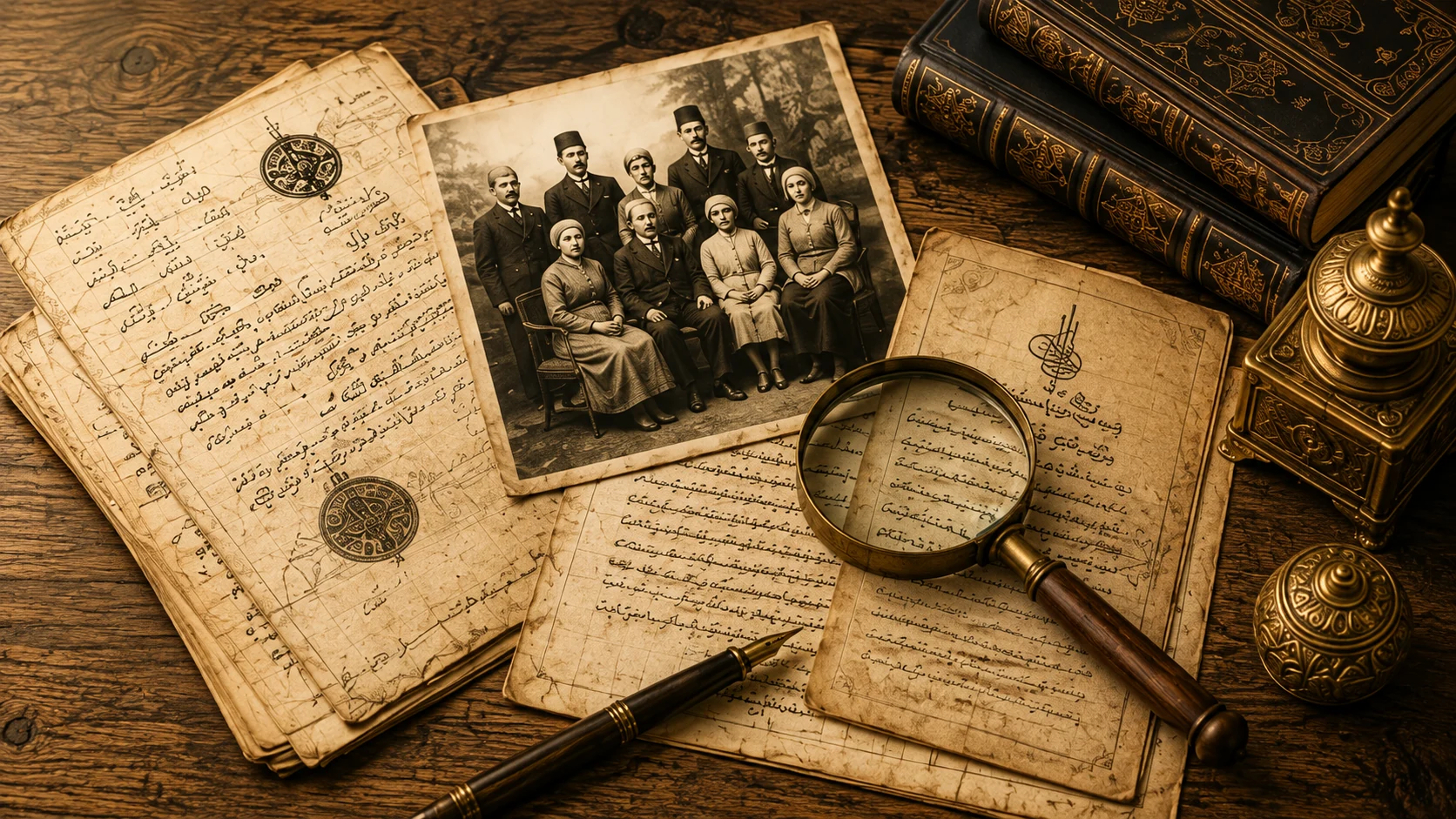 Decorative archival composition with historical family photograph, documents, books and magnifying glass