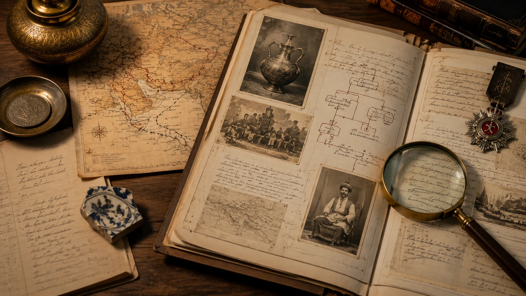 Decorative archival composition of historical objects, maps, photographs, manuscript pages, a medal and magnifying glass