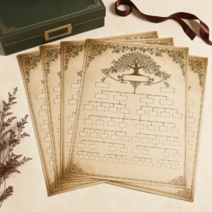 Four blank A3 five-generation family heritage charts in an old-parchment design