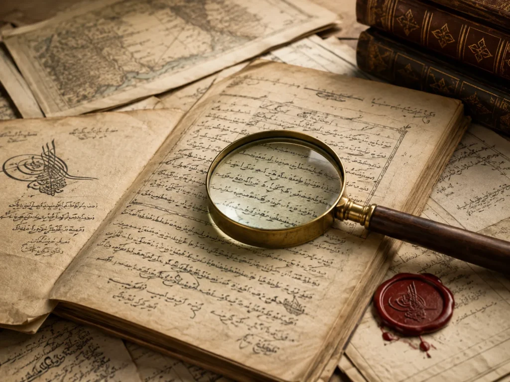 صفحات مخطوطة تاريخية تُفحص بعدسة مكبرة