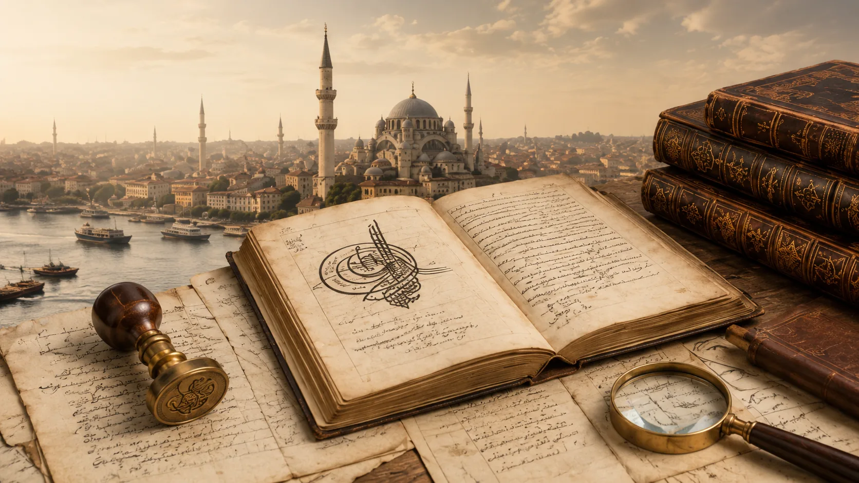 مخطوطات عثمانية ومواد بحث تطل على مشهد مدينة تاريخية