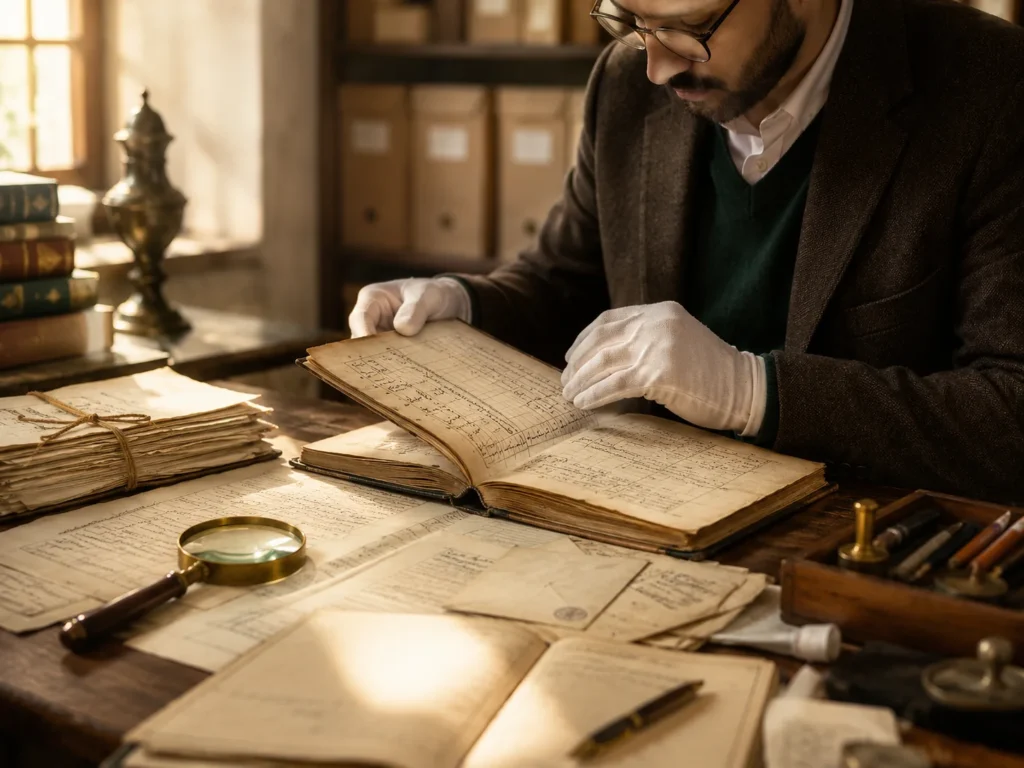 Researcher carefully examining historical records at an archival desk