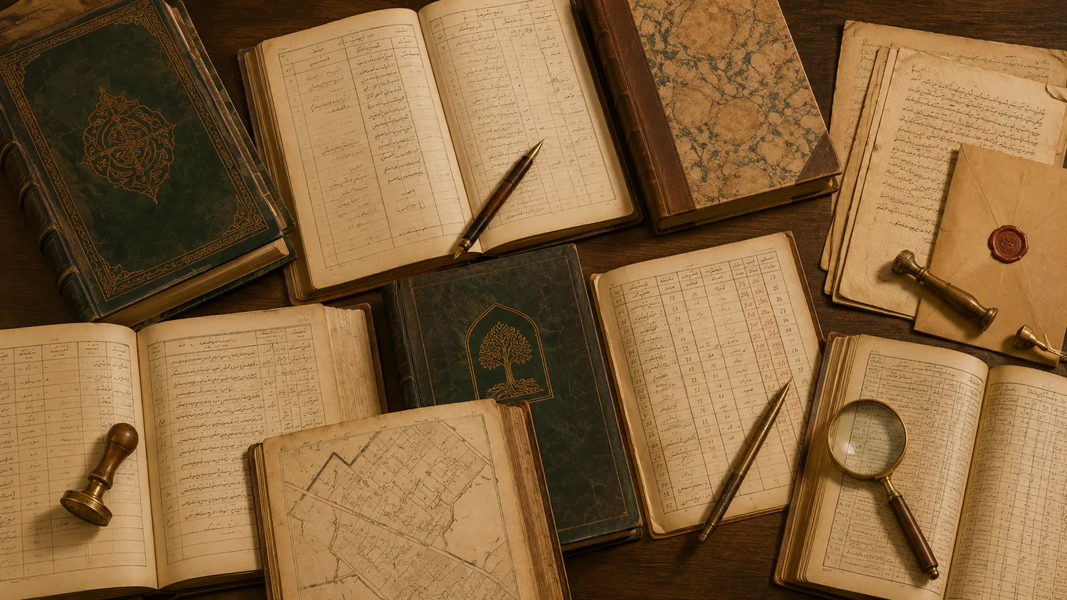 Decorative archival composition of handwritten records, maps, books, magnifying glass and seal