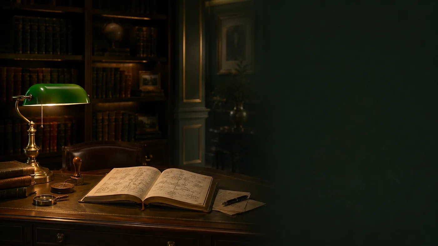 Private archival study with historical books, records and a reading lamp