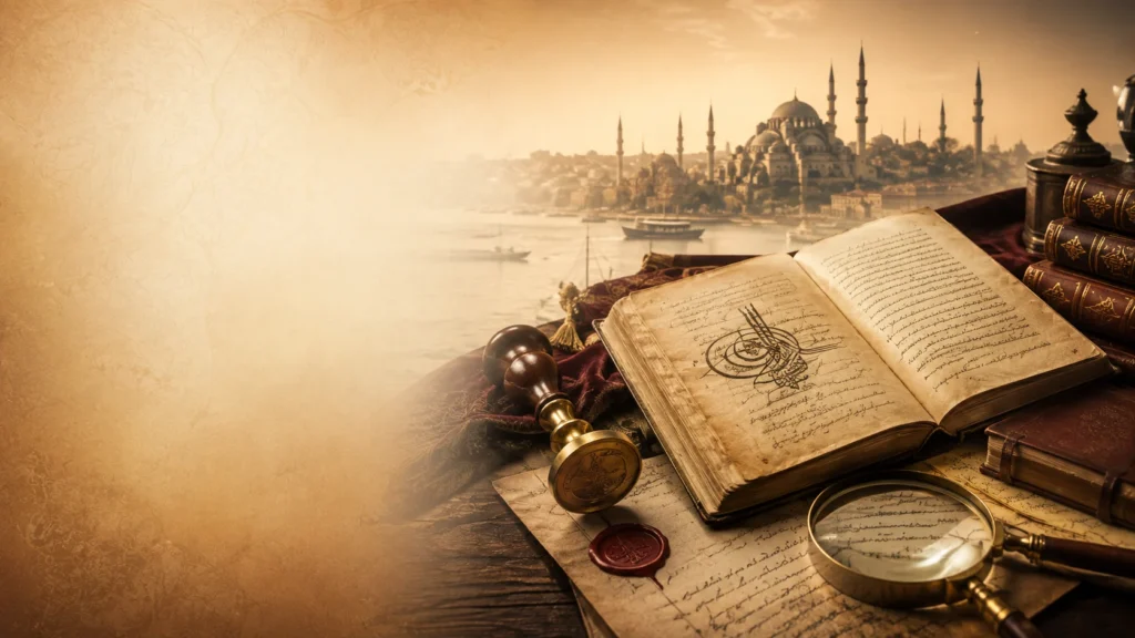 Historical Ottoman document with archival books and research instruments