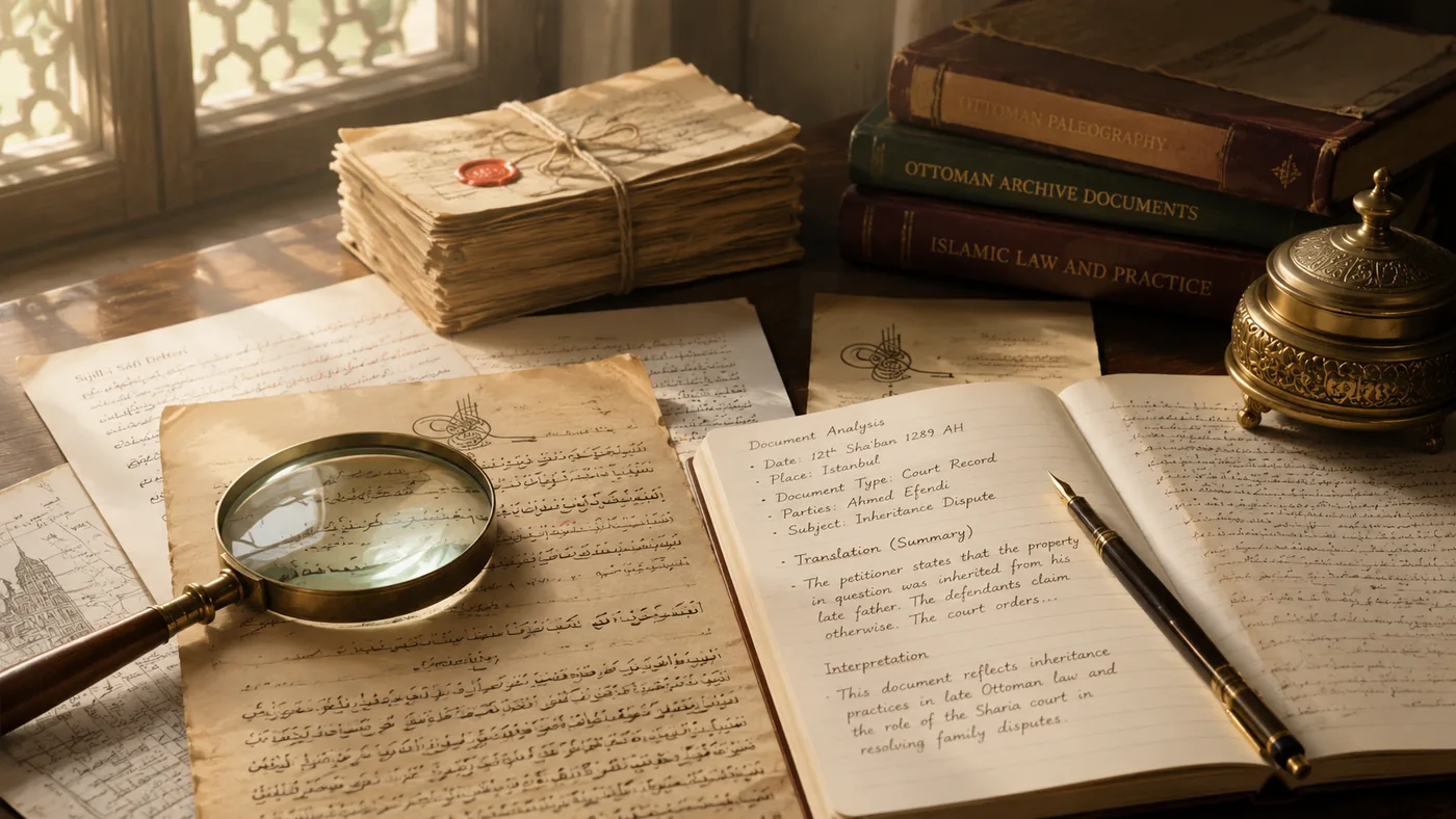 Historical documents, magnifying glass and a research notebook arranged for analytical study